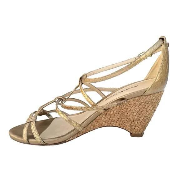 Alexandre Birman Metallic Gold Sandal Leather Strappy Woven Wedges Womens
