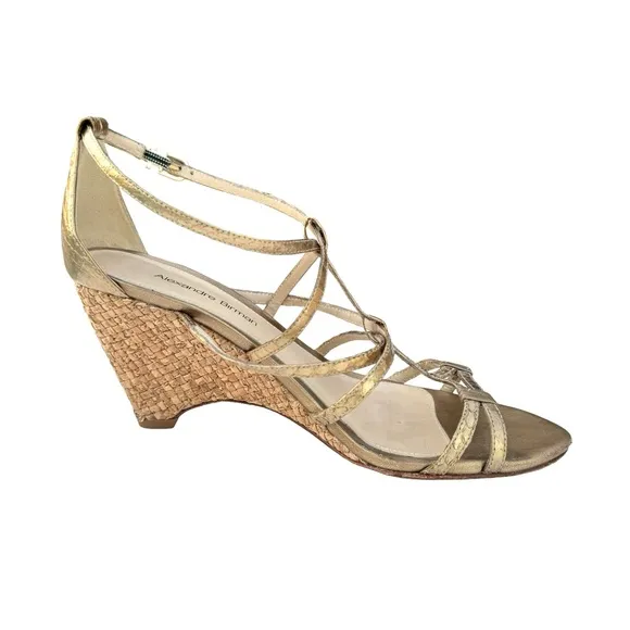 Alexandre Birman Metallic Gold Sandal Leather Strappy Woven Wedges Womens