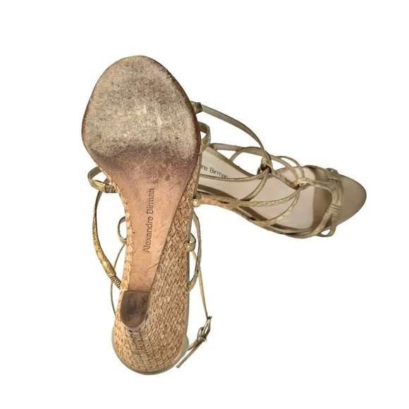 Alexandre Birman Metallic Gold Sandal Leather Strappy Woven Wedges Womens