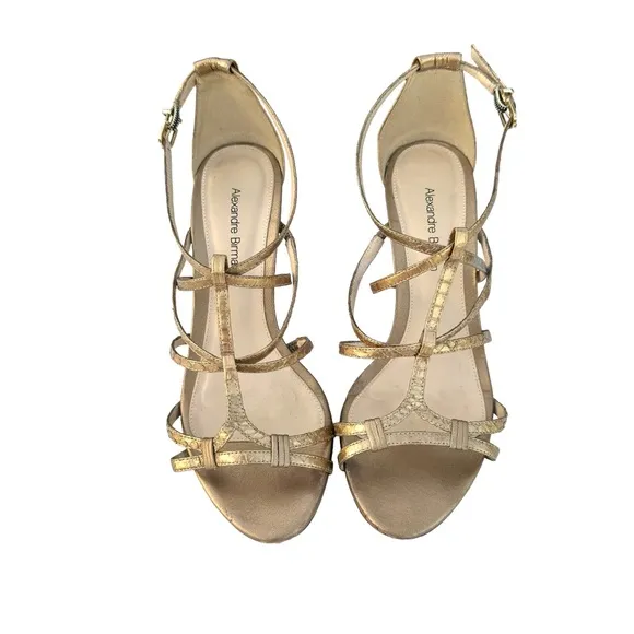 Alexandre Birman Metallic Gold Sandal Leather Strappy Woven Wedges Womens