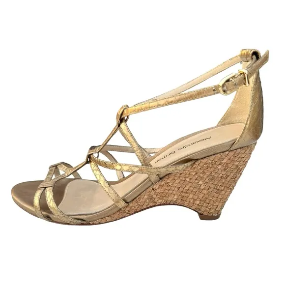 Alexandre Birman Metallic Gold Sandal Leather Strappy Woven Wedges Womens
