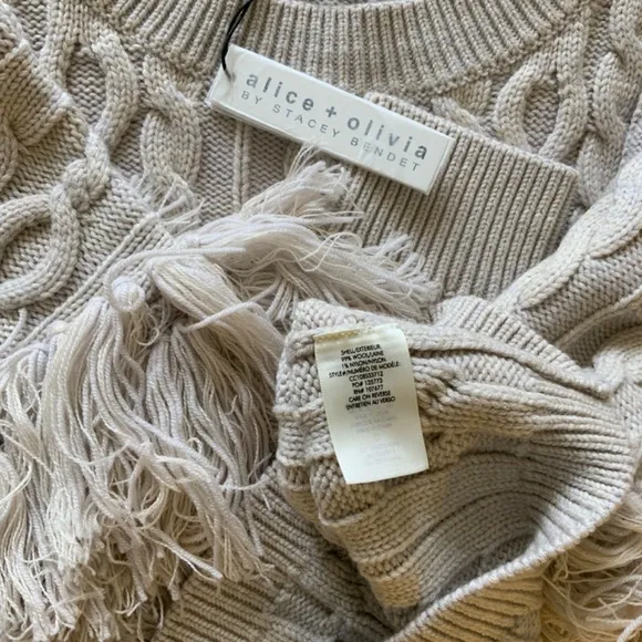 Alice Olivia Kala Cable Knit Wool Fringed Oat Pullover Chunky Sweater