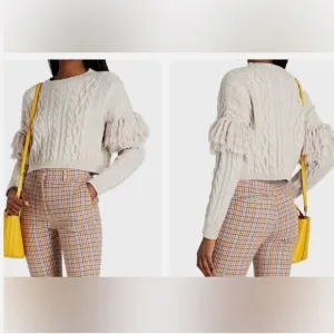 Alice Olivia Kala Cable Knit Wool Fringed Oat Pullover Chunky Sweater