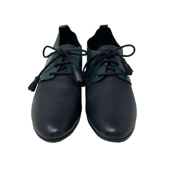 All Black Women's Oxford Shoes Block Heels Leather Lace Up Tassel Career 9 Eu 39