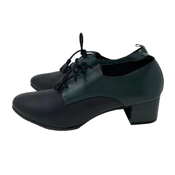 All Black Women's Oxford Shoes Block Heels Leather Lace Up Tassel Career 9 Eu 39