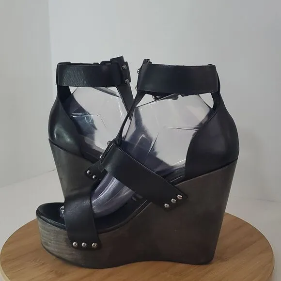 All Saints Rotchko Wedge Black Leather Strappy Sandal Size EU 40 NWT