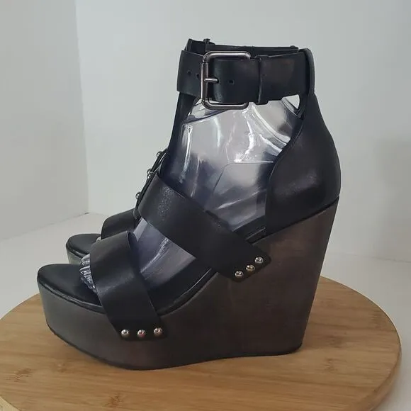 All Saints Rotchko Wedge Black Leather Strappy Sandal Size EU 40 NWT
