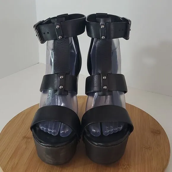 All Saints Rotchko Wedge Black Leather Strappy Sandal Size EU 40 NWT