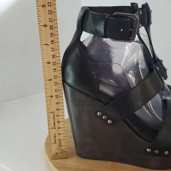 All Saints Rotchko Wedge Black Leather Strappy Sandal Size EU 40 NWT