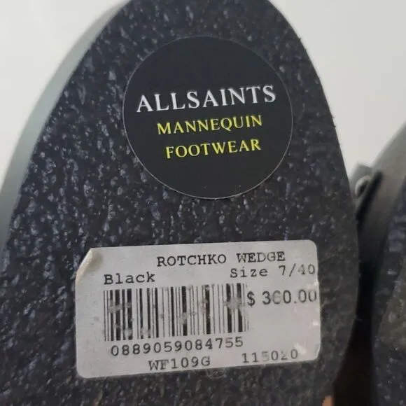All Saints Rotchko Wedge Black Leather Strappy Sandal Size EU 40 NWT