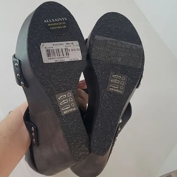 All Saints Rotchko Wedge Black Leather Strappy Sandal Size EU 40 NWT