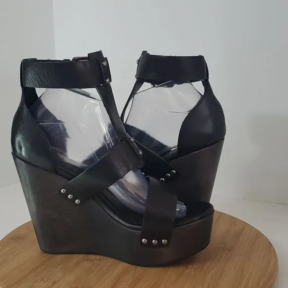 All Saints Rotchko Wedge Black Leather Strappy Sandal Size EU 40 NWT