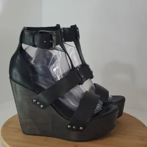All Saints Rotchko Wedge Black Leather Strappy Sandal Size EU 40 NWT