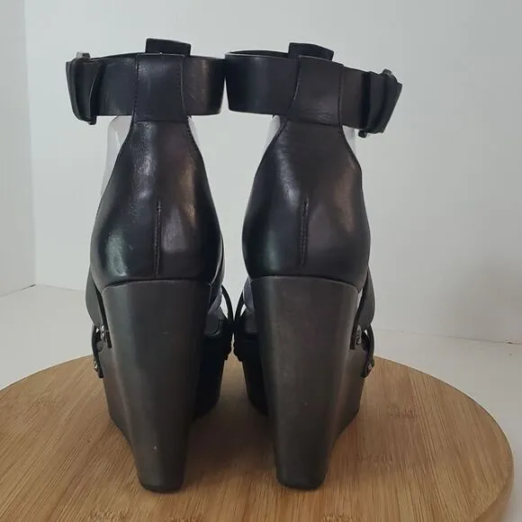 All Saints Rotchko Wedge Black Leather Strappy Sandal Size EU 40 NWT