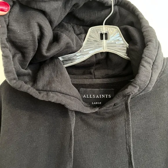 ALLSAINTS Black Santi OTH Hoodie Kangaroo Pocket Side Hem Zip, Size L