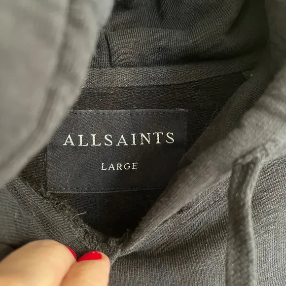 ALLSAINTS Black Santi OTH Hoodie Kangaroo Pocket Side Hem Zip, Size L