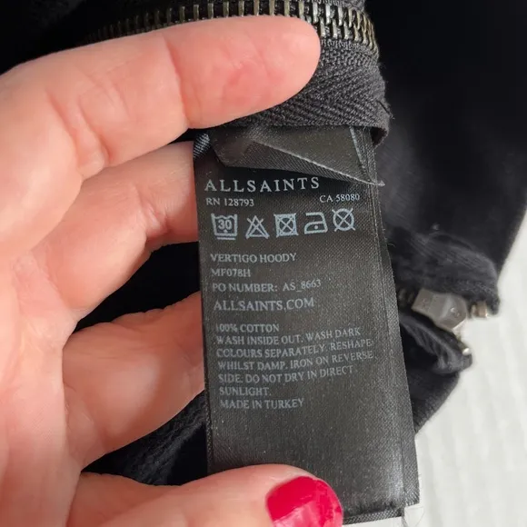 ALLSAINTS Black Santi OTH Hoodie Kangaroo Pocket Side Hem Zip, Size L