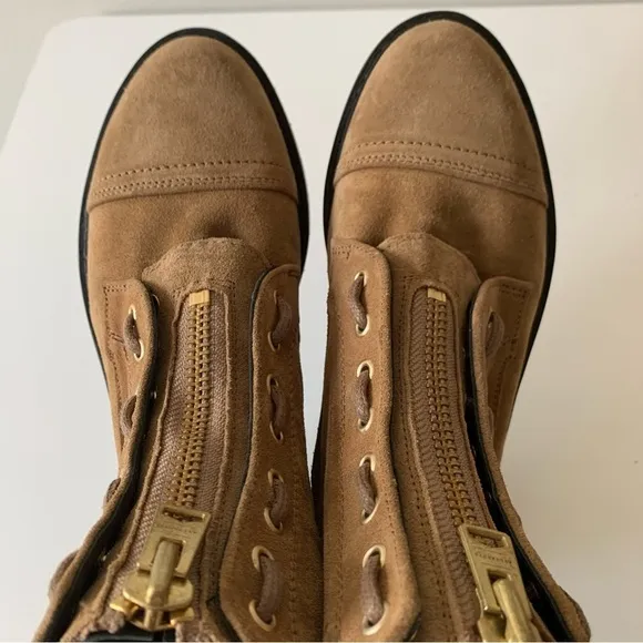 ALLSAINTS Milla Ariel Front Zip suede Cognac combat boots Sz 36/US 6