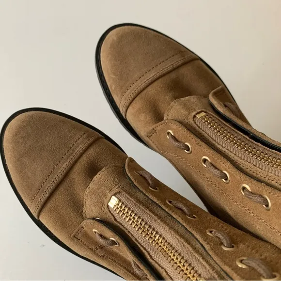 ALLSAINTS Milla Ariel Front Zip suede Cognac combat boots Sz 36/US 6