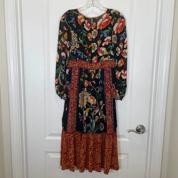 Anthropologie Adair Velvet Trimmed Patchwork Florals Boho Midi Dress Black 2P