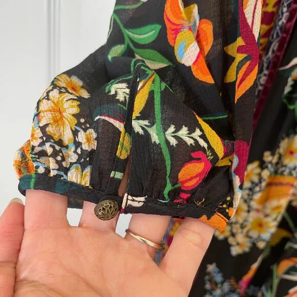 Anthropologie Adair Velvet Trimmed Patchwork Florals Boho Midi Dress Black 2P