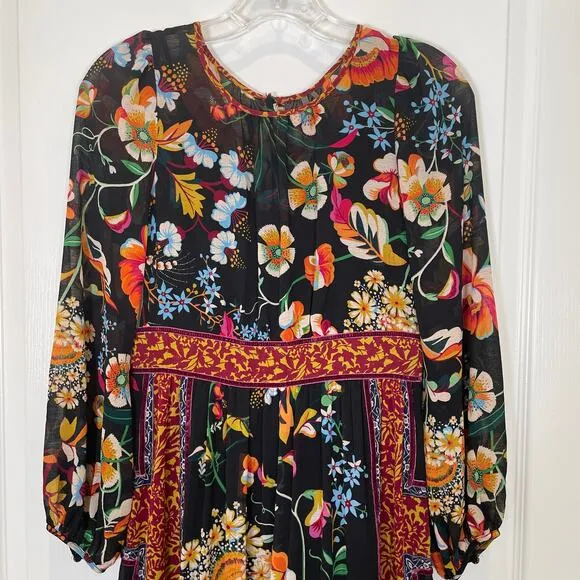 Anthropologie Adair Velvet Trimmed Patchwork Florals Boho Midi Dress Black 2P