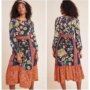Anthropologie Adair Velvet Trimmed Patchwork Florals Boho Midi Dress Black 2P