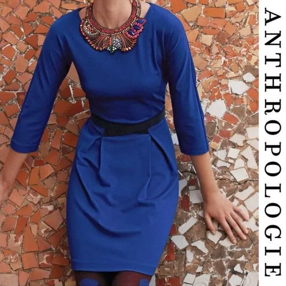 Anthropologie Girls from Savoy Fit &amp; Flare Mini Dress Velvet Belt Blue Grey M