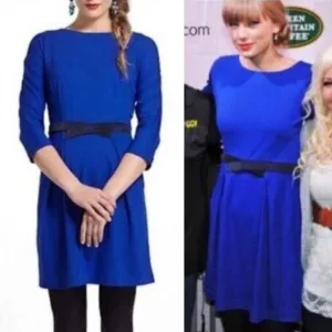 Anthropologie Girls from Savoy Fit &amp; Flare Mini Dress Velvet Belt Blue Grey M