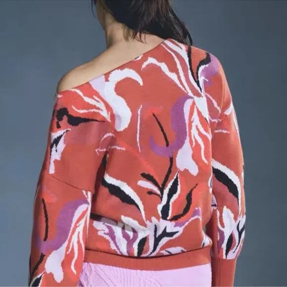 Anthropologie Maeve Red Floral Orange Boat Neck Thick Sweater