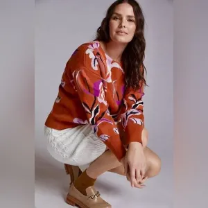 Anthropologie Maeve Red Floral Orange Boat Neck Thick Sweater