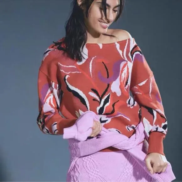 Anthropologie Maeve Red Floral Orange Boat Neck Thick Sweater