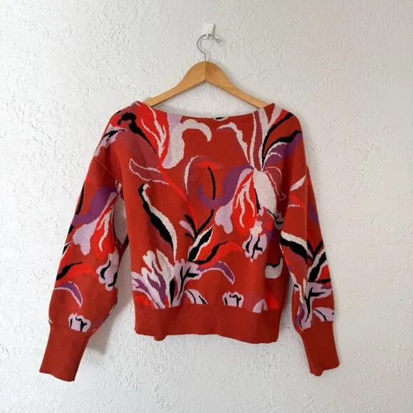 Anthropologie Maeve Red Floral Orange Boat Neck Thick Sweater