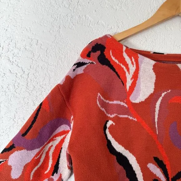 Anthropologie Maeve Red Floral Orange Boat Neck Thick Sweater