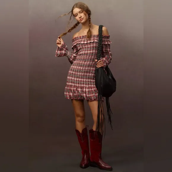 Anthropologie Pilcro Smocked Plaid Mini Dress - Size Large, NWT