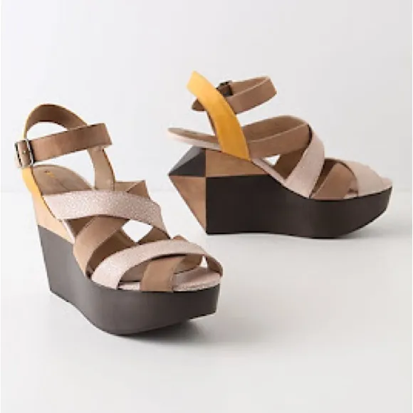 Anthropologie Schuler &amp; Sons Diamond Sliced Wedges Wood Platform, Size 7