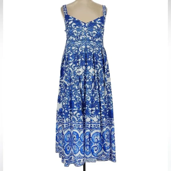 ANTONIO MELANI Gabriela Blue White Tile Print Midi Sun Dress NWT
