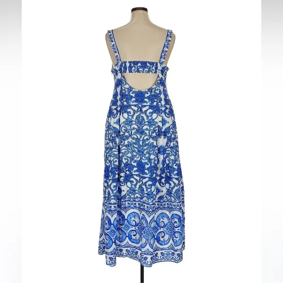 ANTONIO MELANI Gabriela Blue White Tile Print Midi Sun Dress NWT
