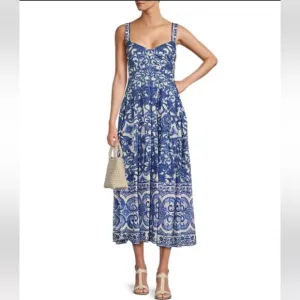 ANTONIO MELANI Gabriela Blue White Tile Print Midi Sun Dress NWT
