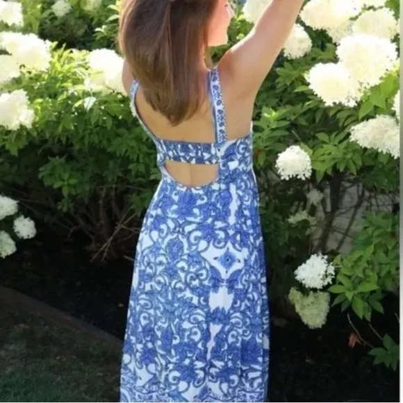 ANTONIO MELANI Gabriela Blue White Tile Print Midi Sun Dress NWT