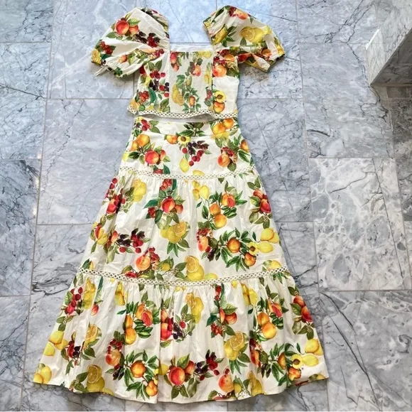 ANTONIO MELANI Set Yellow White Red Fruit Print Floral cotton Skirt &amp; Top