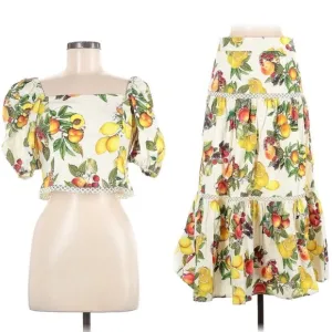 ANTONIO MELANI Set Yellow White Red Fruit Print Floral cotton Skirt &amp; Top