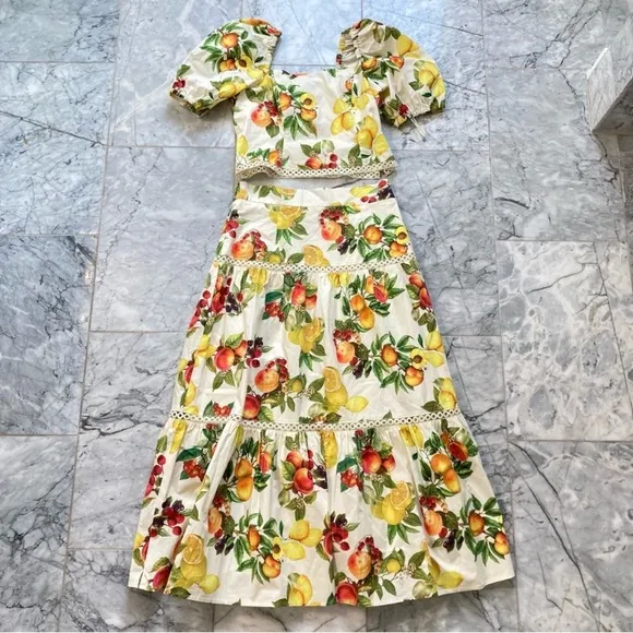 ANTONIO MELANI Set Yellow White Red Fruit Print Floral cotton Skirt &amp; Top