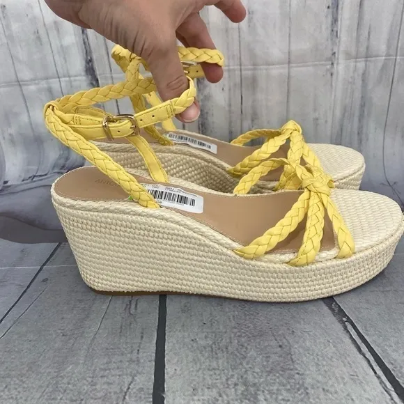 Antonio Melani Size 9.5 M Yellow Platform Leather Braided Ankle Strap Wedges