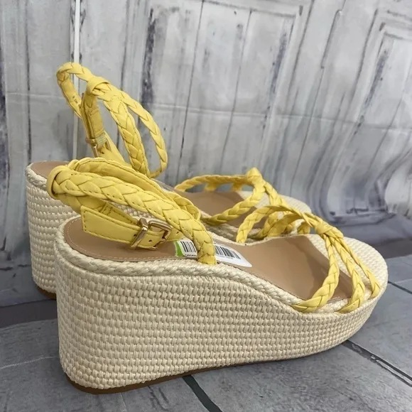 Antonio Melani Size 9.5 M Yellow Platform Leather Braided Ankle Strap Wedges
