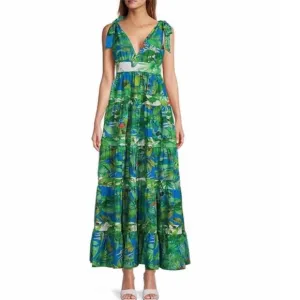ANTONIO MELANI Talita Green Blue Tropical Animal Bird Print Maxi Dress