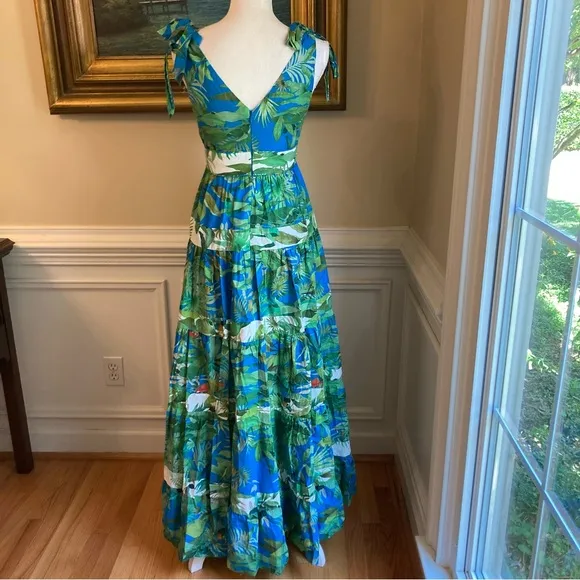 ANTONIO MELANI Talita Green Blue Tropical Animal Bird Print Maxi Dress