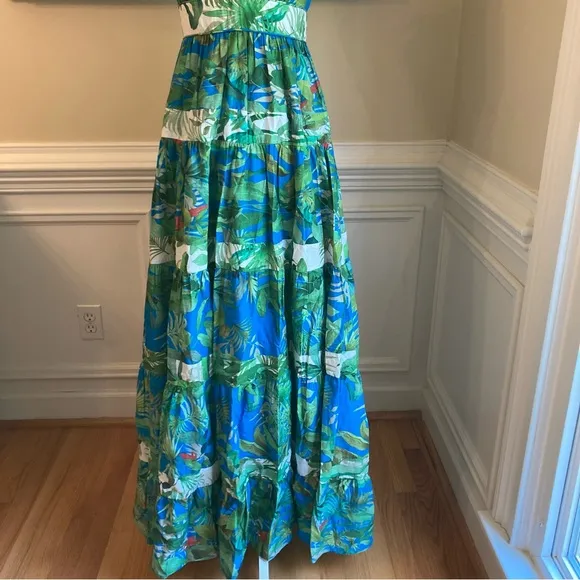 ANTONIO MELANI Talita Green Blue Tropical Animal Bird Print Maxi Dress
