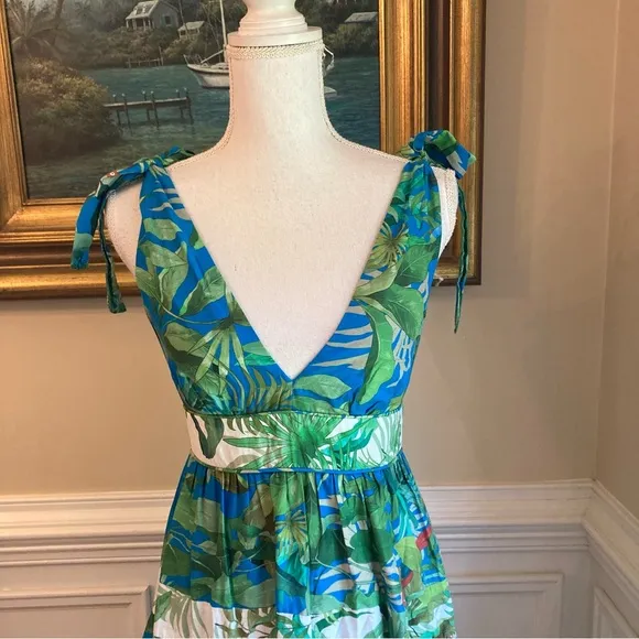 ANTONIO MELANI Talita Green Blue Tropical Animal Bird Print Maxi Dress