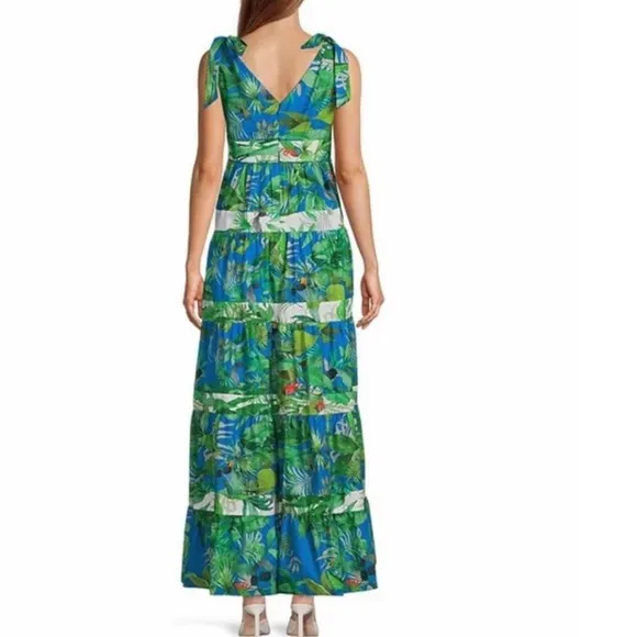 ANTONIO MELANI Talita Green Blue Tropical Animal Bird Print Maxi Dress
